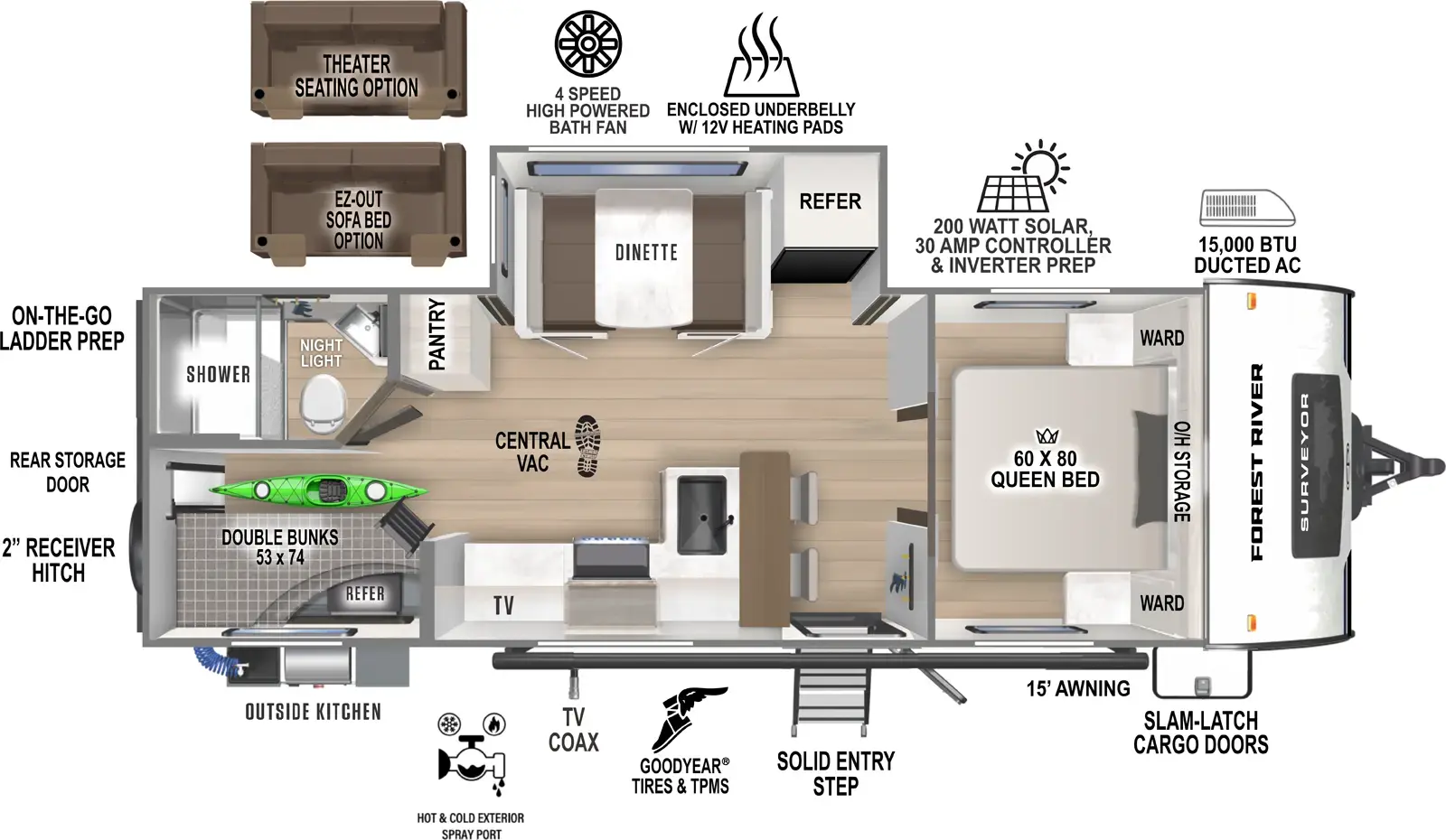 The Surveyor Legend 260BHLE floorplan has one entry and one slide out. Exterior features include: fiberglass exterior, 21' awning and outside kitchen. Interiors features include: bunk beds and front bedroom.
